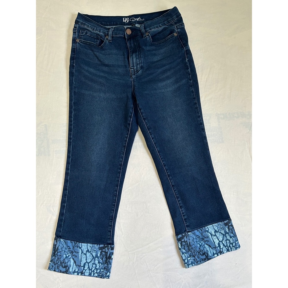 DG2 Diane Gilman Womens Blue Dark Wash Print Cuff Crop Denim Jeans Size 10